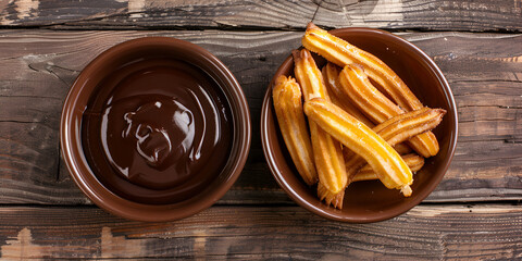 Delicious crispy spanish churros with thick chocolate sauce