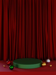 Christmas podium display 3d illustration. 3d render christmas podium display on red curtain...