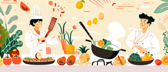 Two chefs cooking food in kitchen with vegetables and fruits