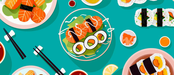 Plate of sushi and other Asian food is shown on blue background table