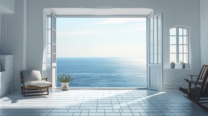 White luxury hotel apts.Stone outdoor terrace with sea or ocean view.Clear blue sky sun glare on the water.Minimalistic template for your advertisement room with window free space 
