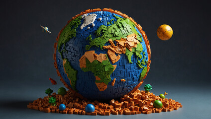 Earth planet made of Bricks styled toys isolated.