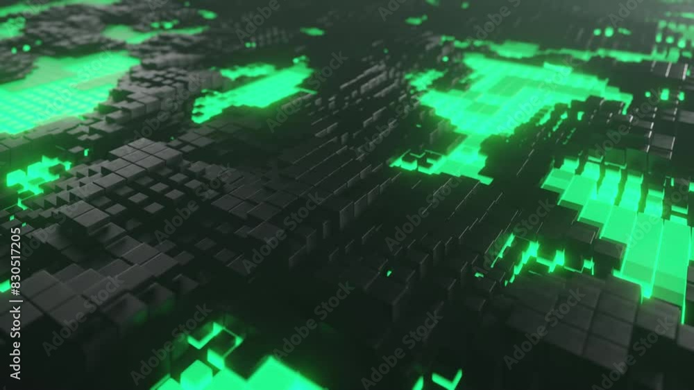 Fototapete 3d rendering of abstract dark geometric background with green light. loop animation.