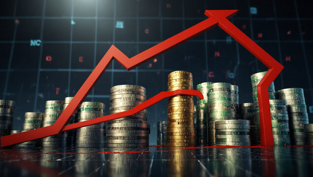Financial crisis down 3d red arrow economy business graph on money crash market background with bankruptcy decrease bad finance chart diagram or loss investment economic recession sales.