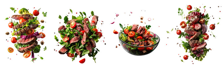 Set of Grilled Steak Salad with Fresh Herbs and Vegetables. Cut Out, Isolated on Transparent Background