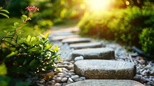 Sunlit garden path with stepping stones and lush greenery