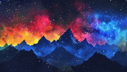 Fototapeta premium A vibrant, colorful galaxy swirls above a silhouette of majestic mountains. The starry sky bursts with red, blue, and yellow hues.