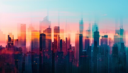 Fototapeta premium A vibrant cityscape silhouette against a colorful sunrise sky. Perfect for concepts of progress, urban life, and a new beginning.