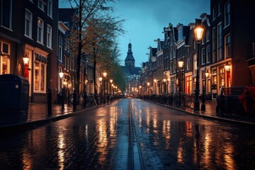 Fototapeta premium A rainy day architecture illuminated cityscape.