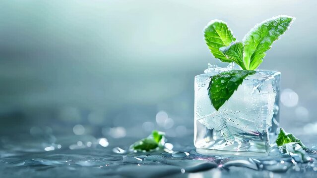 Ice cube with mint leaves and water droplets on reflective surface