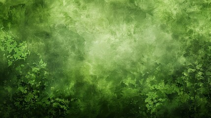  A dark green background bears abstract depictions of green leaves The left and right edges exhibit a darker green hue The top portion of the painting also features this deeper green shade