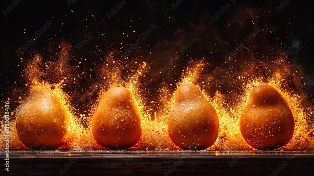 Poster a table with many pears on fire emanating from above