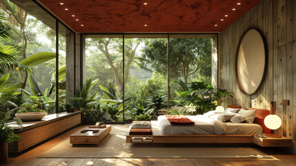 Natural red shade bedroom of a house villa resort by lush jungle