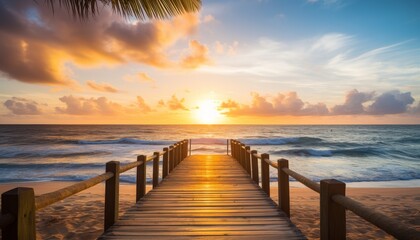 A wooden pier extends towards the ocean at sunset, with vibrant sky and calm waves. - Powered by Adobe