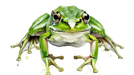   Close-up photo of a frog on white background with water droplets on its face and legs