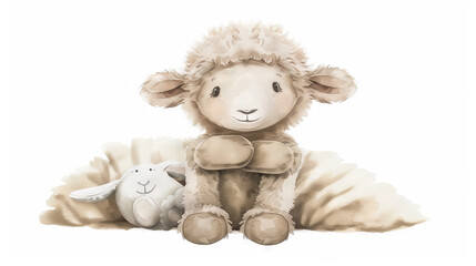   A watercolor depiction of a sheep and lamb resting atop a blanket with a stuffed toy in the foreground