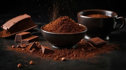 Amid a richly decadent display, cocoa powder and chocolate form a mesmerizing composition on a dark background. 