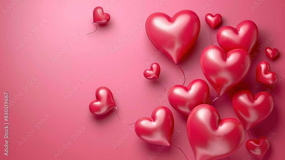 Poster red heart balloons float on pink backdrop with string shaped like hearts
