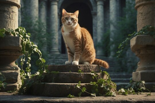 Fantasy image of a cat sits atop a crumbling stone, in the middle of ancient, ivy-covered ruins