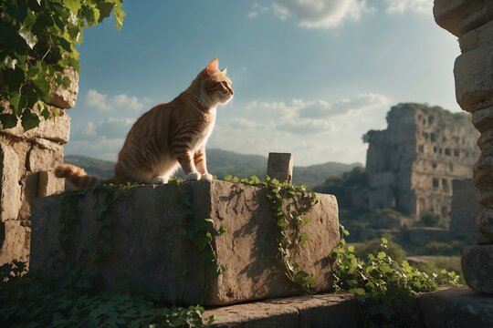 Fantasy image of a cat sits atop a crumbling stone, in the middle of ancient, ivy-covered ruins - Powered by Adobe