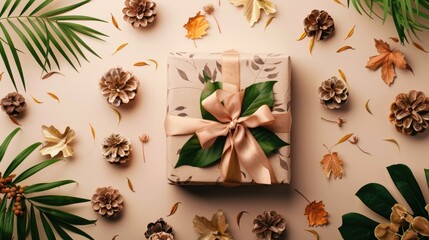 A beautifully wrapped gift box with a ribbon bow, set on a flat lay solid color background with tropical leaves, featuring ample space for text.