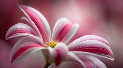  A close-up of a solitary pink and white flower, surrounded by a blurred backdrop of similar blooms in the foreground