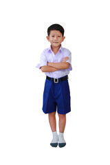 Smart Asian student boy in primary school uniform standing cross arms over chest and looking straight at camera isolated on white background. Image full length with clipping path.