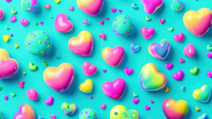   Heart-shaped candies scattered on a blue surface with confetti