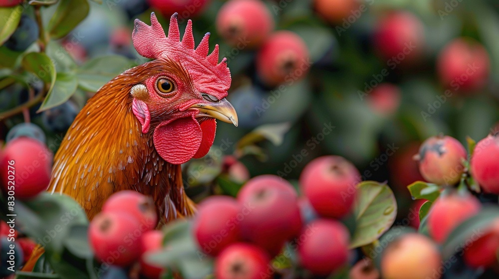 Poster a rooster perched high in a tree surrounded by red and green leaves with apples in sharp focus below