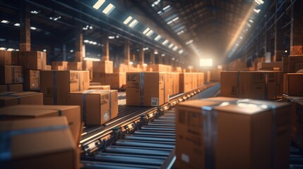 Boxes move along a conveyor belt in a large industrial warehouse.  Sunlight shines through a window, illuminating the scene.