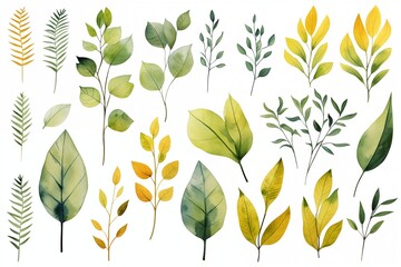 Obraz premium Vibrant watercolor illustration of leaves and plants, symbolizing eco-friendliness, set on a clean white background 