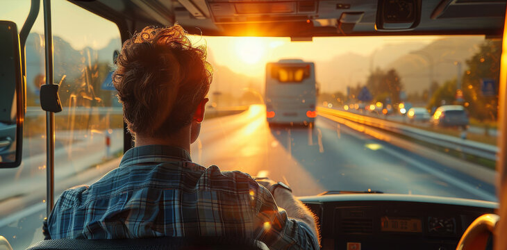 Male bus driver, sitting in his bus, steering, view from behind his shoulder through the front window of the bus, evening sun. Generative AI.