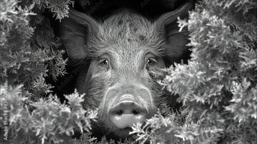 Poster black and white image of a pig emerging from a tree hole with leaves surrounding it
