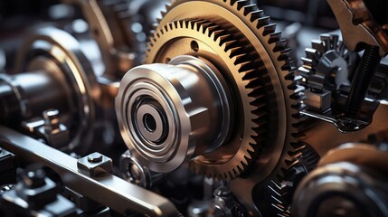 Fototapeta premium Closeup of intricate gears and bearings in a machine, highlighting precision engineering and complex mechanics.