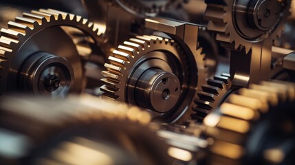 Fototapeta premium Close-up of intricate metal gears meshing together, showcasing the precision and complexity of machinery.