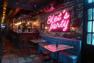 pink neon sign "Let's party" on club