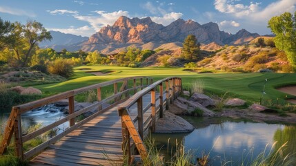 Obraz premium Scenic golf course featuring a quaint wooden bridge against a mountain backdrop
