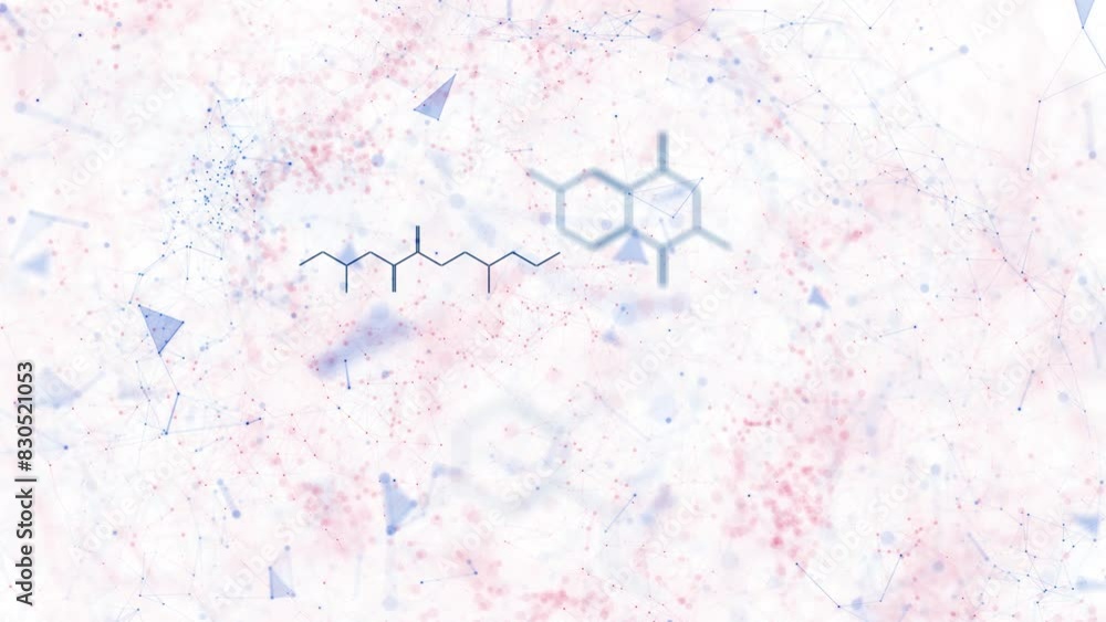 Poster loop features animated technology dots and lines with chemistry hexagon bonds on white background.