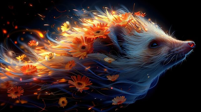  A porcupine with flowers on its back and its tail blown by the wind is painted