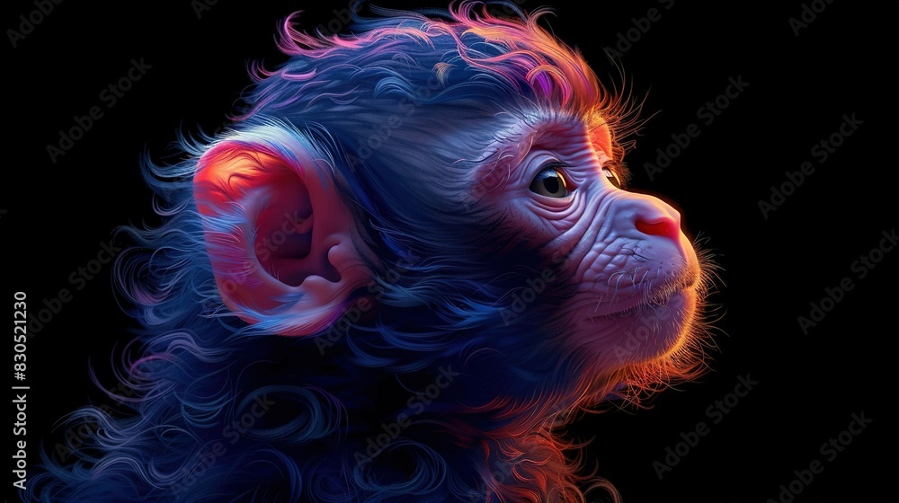 Poster a close-up of a monkey's face with a red light emerging from its backside