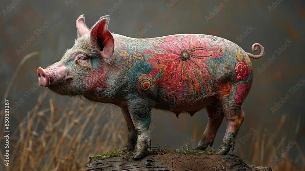 Poster a pig covered in paint stands on a log in a field