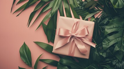 A gift box adorned with a ribbon bow, flat lay on a solid color background, accented by tropical leaves, with space for copy