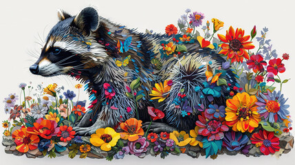  A painting of a raccoon surrounded by wildflowers on a white background
