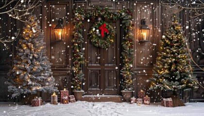 Holiday scene with a pair of trees on both sides of the door