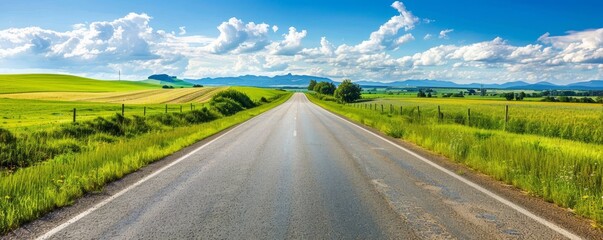 Empty country road with green fields and blue sky.