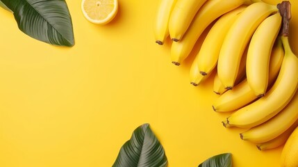  A yellow background showcases a handful of bananas and one-half lemon, garnished with a green leaf Similarly, a separate setup includes a yellow background, a green leaf, and