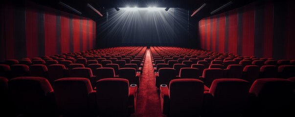 Empty movie theater with red seats and a large screen.