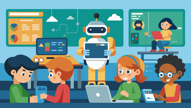 Inside a classroom students were busy coding and programming their robots for the Robotics event in Science Olympiad.. Vector illustration