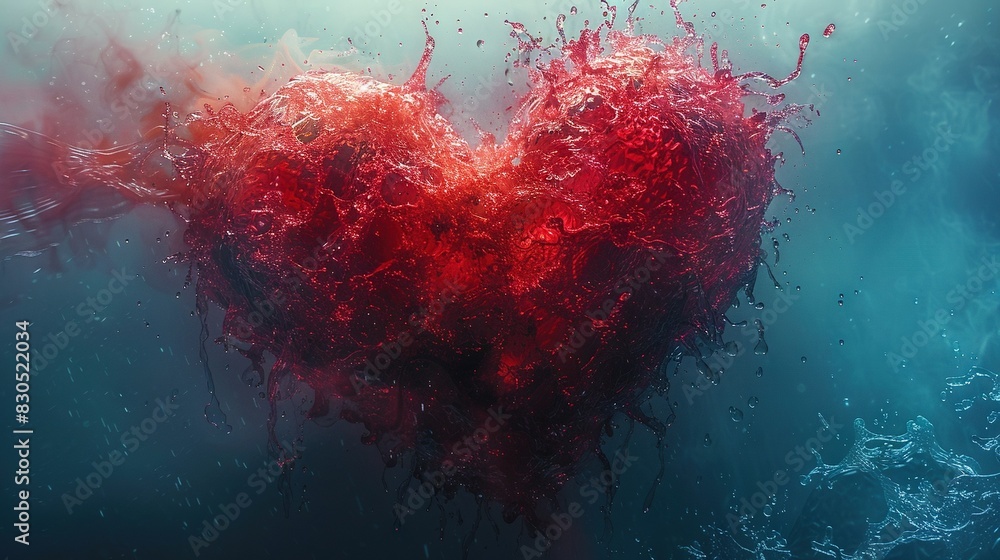 Poster heart-shaped object floating in water with lots of bubbles at the bottom