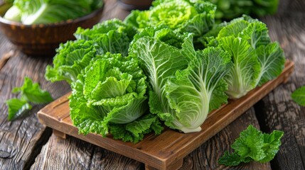  A wooden cutting board holds a mound of lettuce, while a separate bowl of lettuce rests on a nearby wooden table - Powered by Adobe